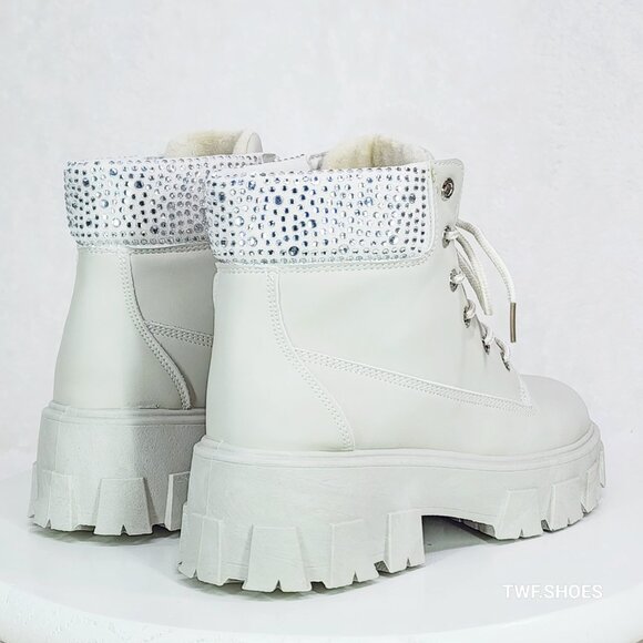 Teck Off White Combat Ankle Work Boots With Rhinestone Cuffs New - Picture 4 of 10